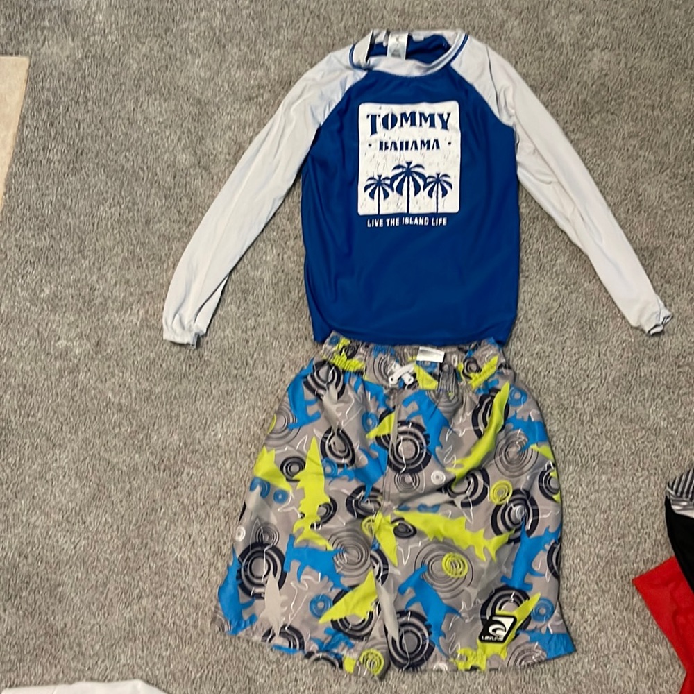 Boys Tommy Bahamas swim shirt with pagination swim trunks